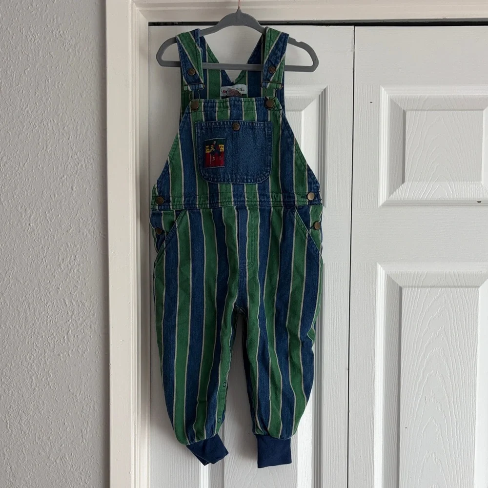 VINTAGE Gymboree Blue & Green Striped Denim Hockey Overalls
